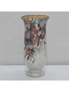 1990s Toyo Nouveau Lustre Vase Opalescent Satsuma Style Floral Cottagecore Pears